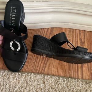 Italian Shoemakers Black Wedge Sandals with Rhinestone Accent